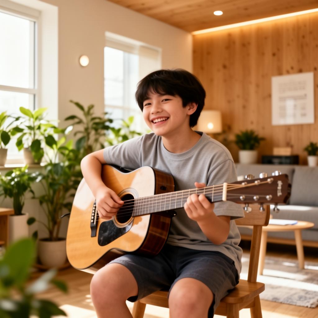 Glücklicher Schüler übt akustische Gitarre in einem hellen, freundlichen Musikzimmer